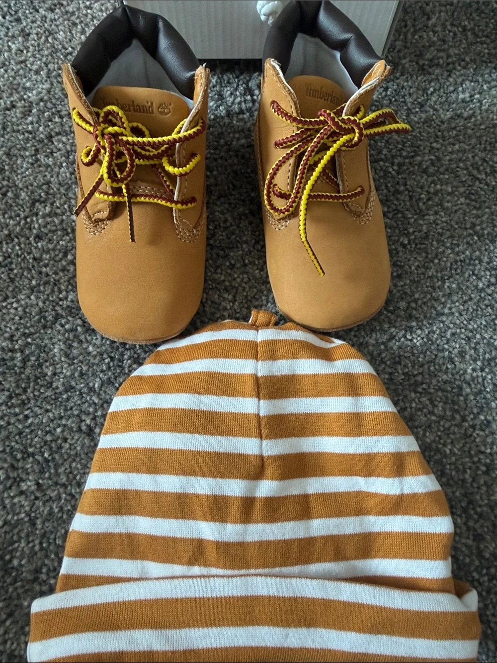 Timberland Kids Wheat Tan and Brown Booties with Striped Wheat Tan & White Hat